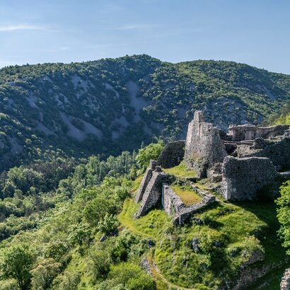 Eine beeindruckende Aussicht auf die Ruinen einer alten Burg, umgeben von üppigem Grün und sanften Hügeln. Der klare Himmel und die natürliche Landschaft schaffen eine friedliche Atmosphäre.