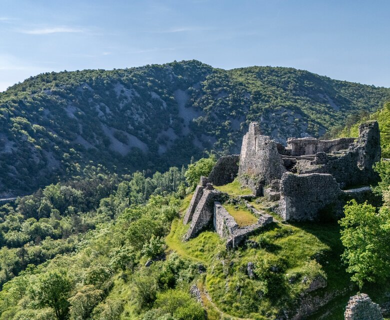 Eine malerische Aussicht auf die Ruinen einer alten Burg, umgeben von üppigem Grün und sanften Hügeln. Die Landschaft strahlt Ruhe und Geschichte aus, während die Sonne die Szenerie erhellt.