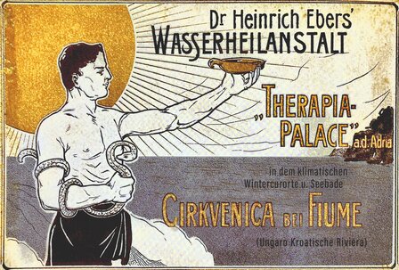 Ein historisches Plakat zeigt einen muskulösen Mann, der eine Schale hält, umgeben von Sonnenstrahlen. Im Hintergrund sind stilisierte Wellen und eine Landschaft zu sehen. Der Text verweist auf das "Therapia-Palace" in Crikvenica, Kroatien, und betont die heilenden Eigenschaften des Ortes.