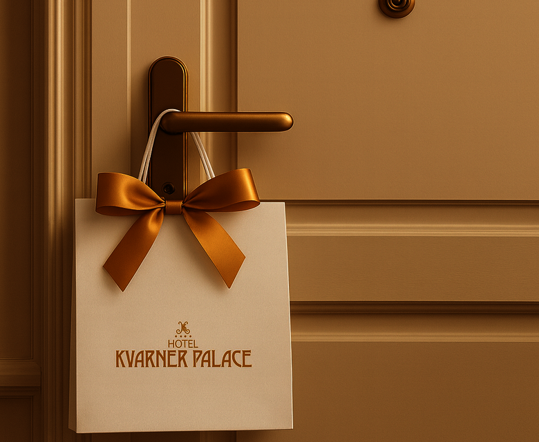 Eine elegante Tür in warmen Erdtönen mit einem goldenen Türgriff. An der Tür hängt eine stilvolle Tasche mit einer orangefarbenen Schleife, die das Logo des Hotels Kvarner Palace trägt. Die Atmosphäre ist einladend und luxuriös.